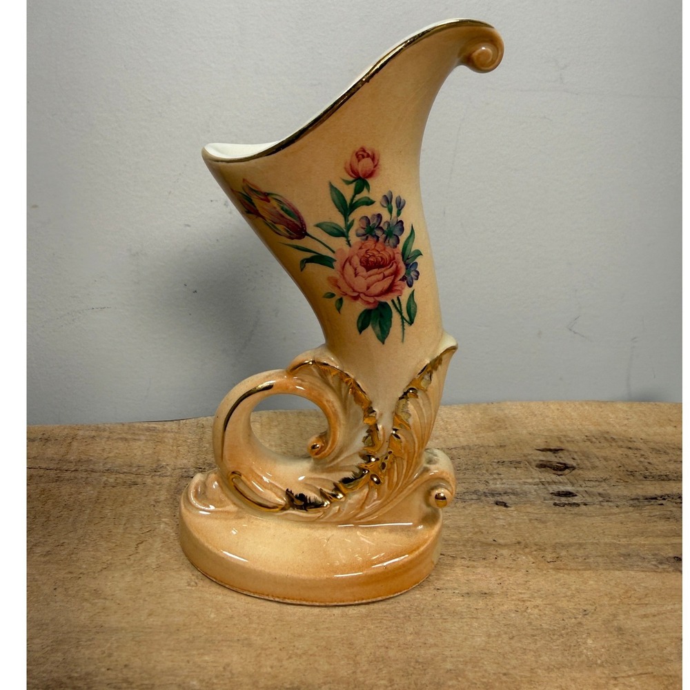 Vintage Spaulding China Floral Cornucopia Vase Gold Trim Peach Ombre 6.25" Lux